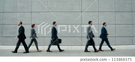 Business people, businessmen and businesswomen are walking on the background of a concrete gray wall, blurred in motion. The concept of the modern fast pace of life Business people, businessmen and businesswomen are walking on the background of a concrete gray wall, blurred in motion. The concept of the modern fast pace of life 113868375