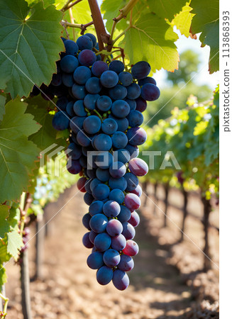 A bunch of ripe blue grapes growing on a bush in the rows of a vineyard on a sunny day A bunch of ripe blue grapes growing on a bush in the rows of a vineyard on a sunny day 113868393