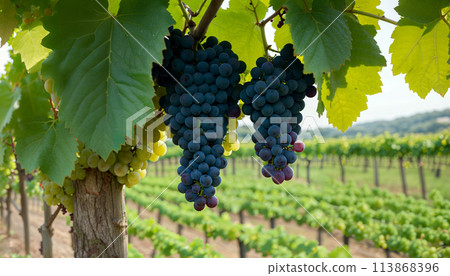A bunch of ripe blue grapes growing on a bush in the rows of a vineyard on a sunny day 113868396