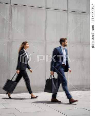 Business people, businessmen and businesswomen are walking on the background of a concrete gray wall, blurred in motion. The concept of the modern fast pace of life 113868397