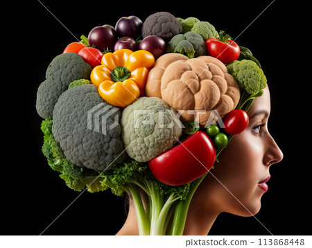 A set of vegetables in the shape of a woman's human brain along with her face. The concept of healthy eating or vegetarianism. Close up 113868448
