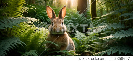 A wild hare or rabbit sits among the ferns in the forest at sunset in the rays of the sun A wild hare or rabbit sits among the ferns in the forest at sunset in the rays of the sun 113868607