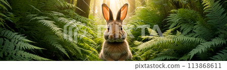 A wild hare or rabbit sits among the ferns in the forest at sunset in the rays of the sun 113868611
