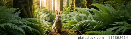 A wild hare or rabbit sits among the ferns in the forest at sunset in the rays of the sun A wild hare or rabbit sits among the ferns in the forest at sunset in the rays of the sun 113868614