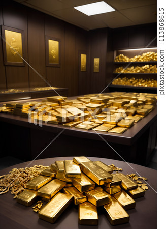 A pile of gold bars lie on the table in the bank A pile of gold bars lie on the table in the bank 113868615