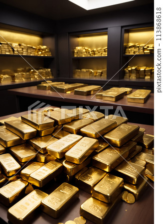 A pile of gold bars lie on the table in the bank 113868618