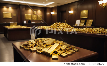 A pile of gold bars lie on the table in the bank A pile of gold bars lie on the table in the bank 113868627