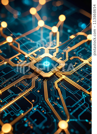 A micro circuit with a processor in the center in yellow gold and blue colors that glow. Close up, copy space A micro circuit with a processor in the center in yellow gold and blue colors that glow. Close up, copy space 113868654