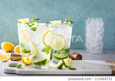 Lemon and lime mojito cocktail in tall glasses with lime and mint Lemon and lime mojito cocktail in tall glasses with lime and mint 113868732