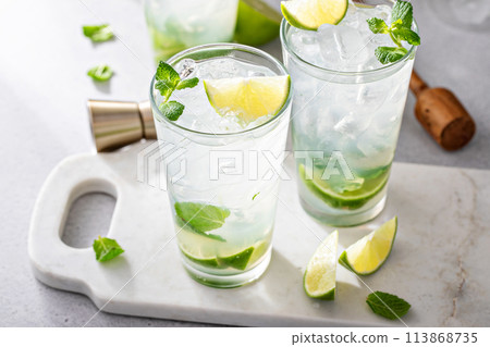 Classic mojito cocktail in tall glasses with lime and mint Classic mojito cocktail in tall glasses with lime and mint 113868735