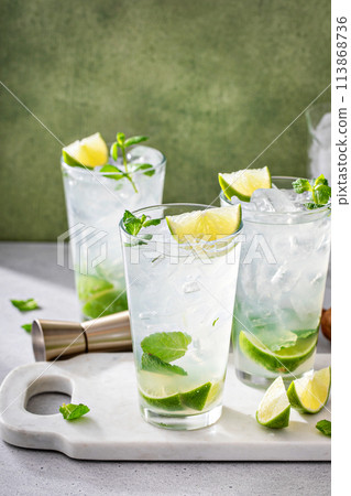 Classic mojito cocktail in tall glasses with lime and mint 113868736