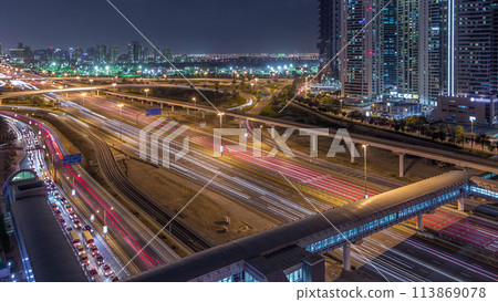 Aerial top view to Sheikh Zayed road near Dubai Marina and JLT timelapse, Dubai. 113869078