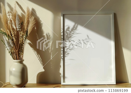 Picture frame on wooden table near vase of dried flowers, mockup 113869199
