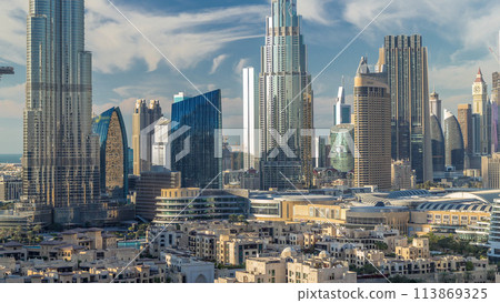Dubai Downtown skyline timelapse with Burj Khalifa and other towers panoramic view from the top in Dubai 113869325