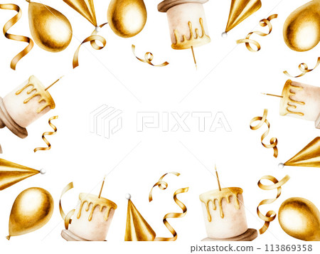 Watercolor golden frame with ribbon and streamer for birthday gifts, cap, foil balloons, holiday cake with candle. Hand drawn confetti for party decoration isolated on background. Shiny template Watercolor golden frame with ribbon and streamer for birthday gifts, cap, foil balloons, holiday cake with candle. Hand drawn confetti for party decoration isolated on background. Shiny template 113869358