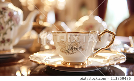 Elegant table setting for tea party with cakes and cupcakes in English manor. Vintage style. 113869486