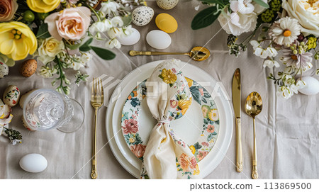Easter table setting with painted eggs, spring flowers and crockery 113869500
