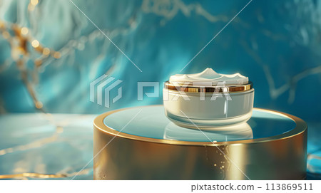 Cosmetic cream in a glass jar on blue backdrop. Skin care concept. Background for beauty products 113869511