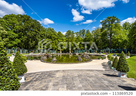 Fountain at the New Palace of historical Hermitage at Bayreuth, Bavaria, Germany 113869520