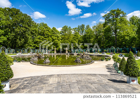 Fountain at the New Palace of historical Hermitage at Bayreuth, Bavaria, Germany 113869521