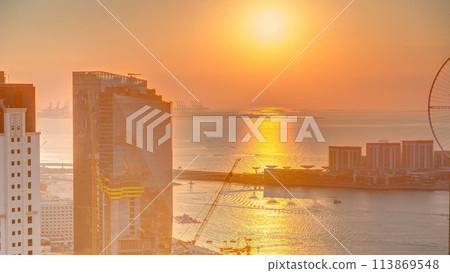 JBR and Bluewaters island at sunset aerial timelapse 113869548
