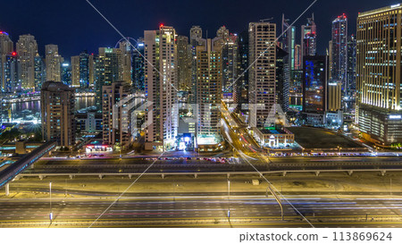 Fantastic rooftop skyline of Dubai marina timelapse. Fantastic rooftop skyline of Dubai marina timelapse. 113869624