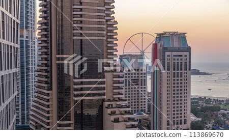 JBR and Bluewaters island after sunset aerial day to night timelapse 113869670