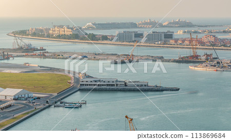 Aerial view of Palm Jumeirah Island timelapse. Aerial view of Palm Jumeirah Island timelapse. 113869684