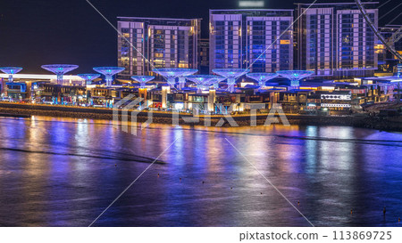 Bluewaters island aerial night timelapse with ferris wheel Bluewaters island aerial night timelapse with ferris wheel 113869725