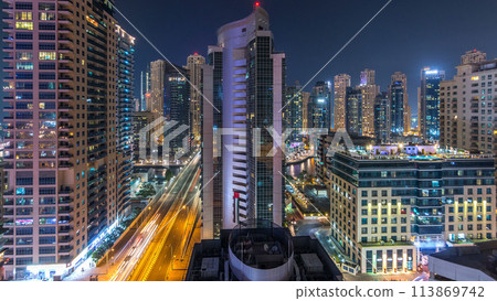Aerial view of Dubai Marina from a vantage point night timelapse. 113869742