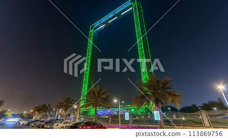 Dubai Frame building at night timelapse, new UAE attraction. Dubai Frame building at night timelapse, new UAE attraction. 113869756