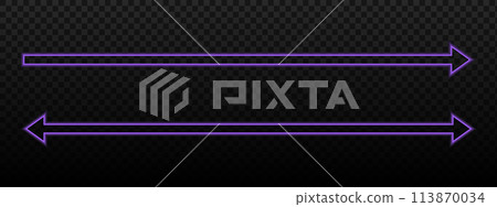 Long straight neon arrow and double arrow signs. Purple luminous direction or position sign and two sided pointer with soft blurry borders. Vector illustration Long straight neon arrow and double arrow signs. Purple luminous direction or position sign and two sided pointer with soft blurry borders. Vector illustration 113870034