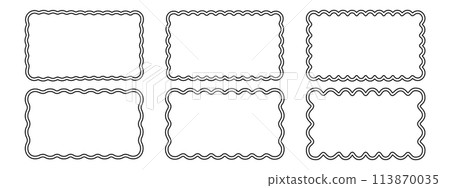Set of rectangle frames with double wavy borders. Wiggly rectangular shapes. Empty text boxes, tags, headlines or web banner templates with scalloped edges. Vector graphic illustration 113870035