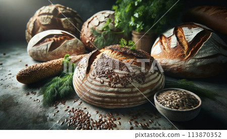 still life with breads, herbs, and seeds on a rough-hewn stone countertop. Generative AI 113870352