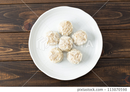 Frozen shumai on wood background 113870598
