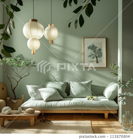 Sunny afternoon in a serene living room with light green walls and natural decor 113870804