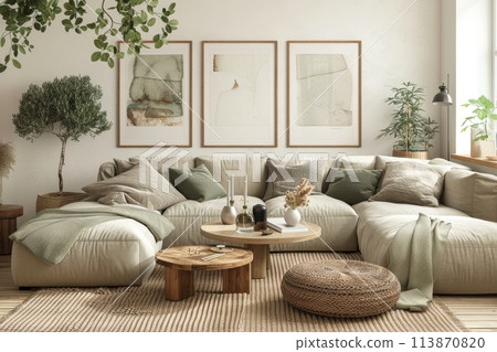 Cozy modern living room with plush sofas and natural accents 113870820