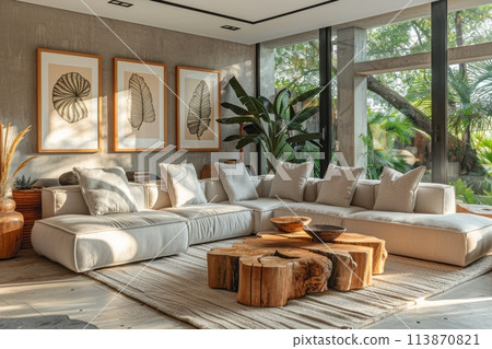 Stylish modern living room with plush sofas and natural decor illuminated by warm sunlight 113870821