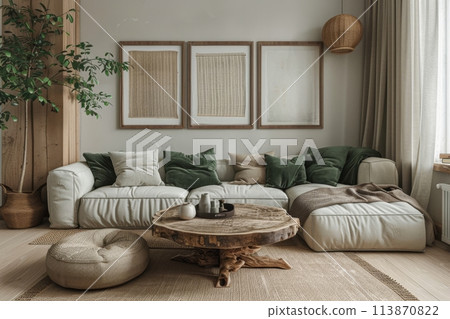 Cozy and elegant living room with plush white sofas, wooden furniture, and natural light 113870822