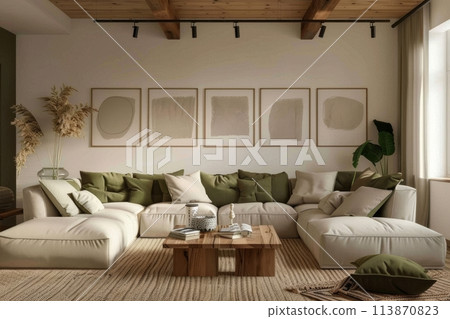 Modern cozy living room with plush green and white sofas and serene decor 113870823