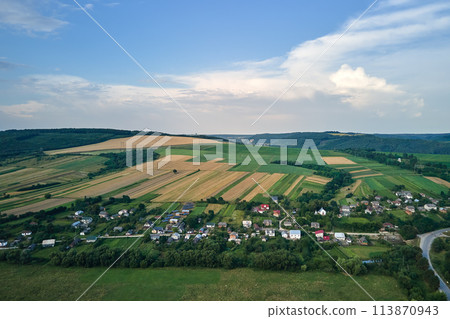 Aerial landscape view of village houses and distant green cultivated agricultural fields with growing crops on bright summer day 113870943