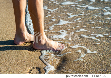 Close up of woman feet walking barefoot on sand leaving footprints on golden beach. Vacation, travel and freedom concept. People relaxing in summer. Close up of woman feet walking barefoot on sand leaving footprints on golden beach. Vacation, travel and freedom concept. People relaxing in summer. 113871020