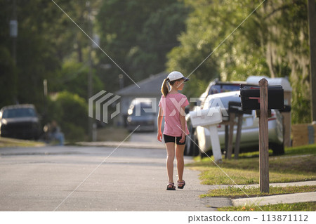 Rear view of confident young child girl walking along the sunny alley. Active lifestyle on summer holidays 113871112