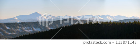 Panoramic mountain landscape with snowy high peaks and wooded valley 113871145