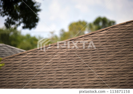 Closeup of house roof top covered with asphalt or bitumen shingles. Waterproofing of new building 113871158