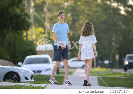 Rear view of two young teenage children, girl and boy, brother and sister walking together on rural street on bright sunny day. Vacation time concept 113871194
