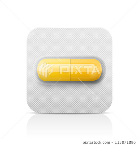 Vector Realistic Yellow Pharmaceutical Medical Pill, Vitamins, Capsule in Blister Closeup Isolated. Pill in Blister Packaging Design Template. Front View. Medicine, Health Concept Vector Realistic Yellow Pharmaceutical Medical Pill, Vitamins, Capsule in Blister Closeup Isolated. Pill in Blister Packaging Design Template. Front View. Medicine, Health Concept 113871896