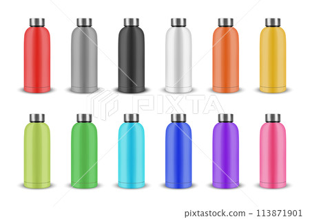 Vector Realistic 3D Metal Blank Glossy Reusable Water Bottle in Different Colors with Silver Bung Closeup Isolated on White Background. Design Template of Packaging Mockup. Front View 113871901