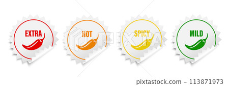 Realistic Vector Round Stickers with Spicy Chili Pepper Icon, Food Spicy Level. Red, Orange, Yellow, Green Jalapeno Pepper Strength Scale Sticker Indicators with Mild, Spicy, Hot and Extra Positions 113871973