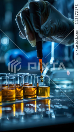 A medical expert in a lab experimenting with a pipe containing mysterious liquid, possibly unlocking the secrets of a mystical elixir. 113872178